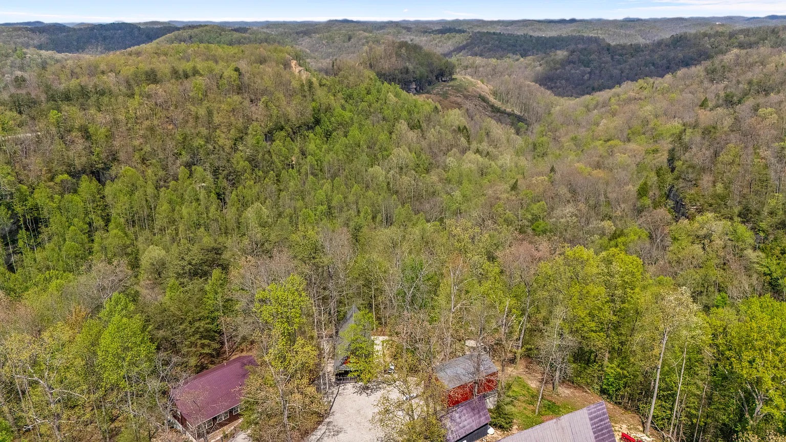 Aerial drone view of Canyon Ridge Retreats cabin and surrounding Daniel Boone National Forest canyon