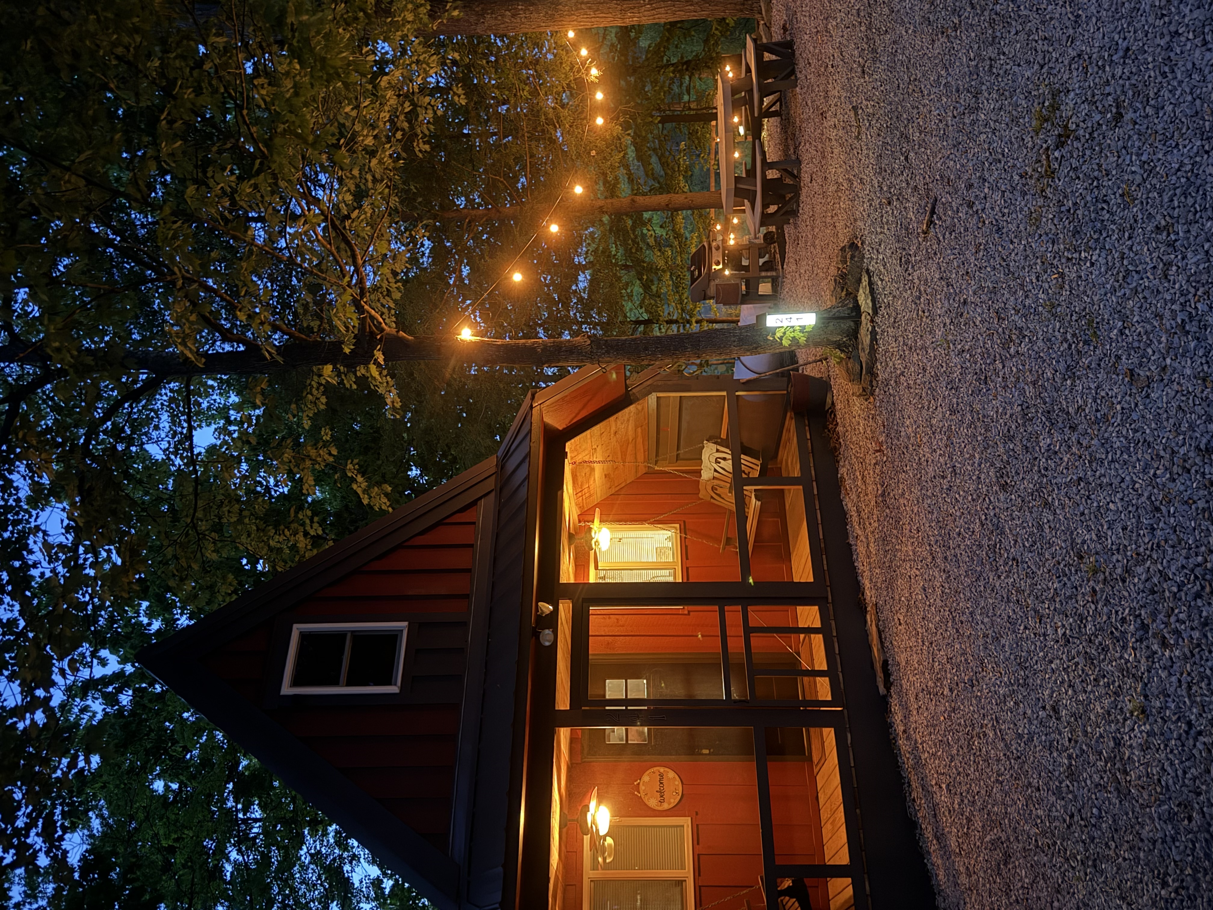 Canyon Ridge Retreats A-frame cabin exterior at dusk, Wellington Kentucky