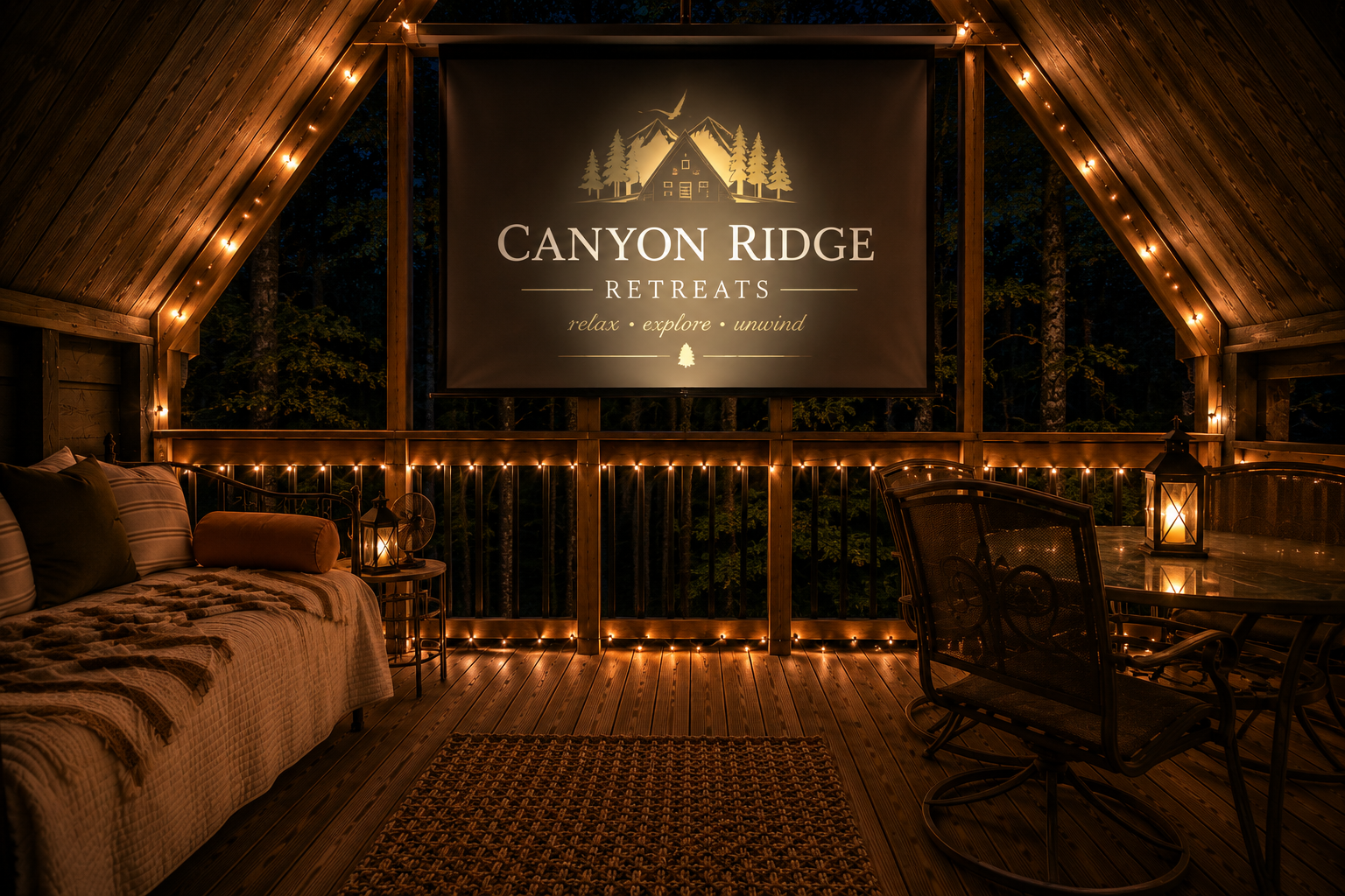 Canyon Ridge Retreats outdoor cinema at night with branded screen and string lights, Wellington Kentucky